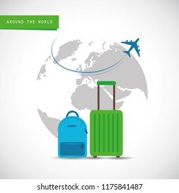 plane flying around the globe with blue and green suitcase vector illustration EPS10