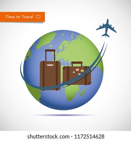 plane flying around the globe with brown case vector illustration EPS10