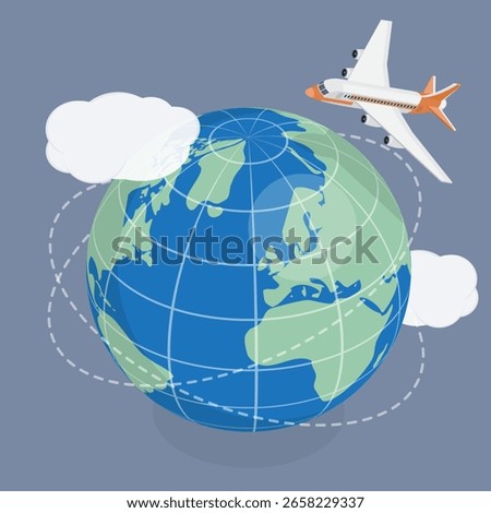 Plane flying around the globe with routes.Time to travel concept. 3d flat isometric illustration.
