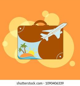 Plane is flying around the suitcase. Resort beach vacation. Stock vector illustration.