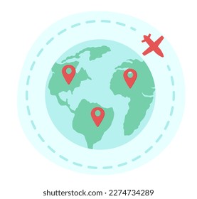 Plane flying around world flat concept vector spot illustration. Worldwide destination. Editable 2D cartoon image on white for web design. International air travel creative idea for website, mobile