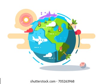 Plane flying around the world geometric style. Travel airplane globe, green earth global trip. Vector illustration