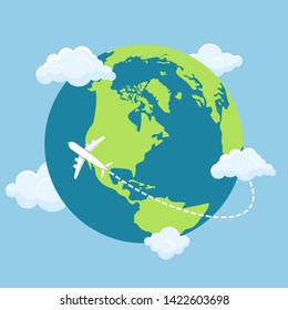 Plane flying around the world vector design illustration