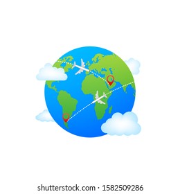 Plane flying around the world. Vector stock illustration.