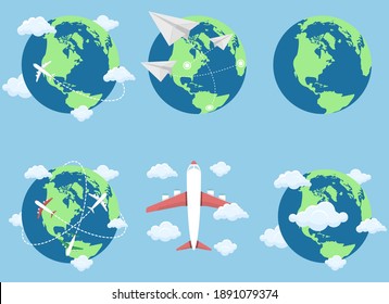 Plane flying around the world vector design illustration isolated on blue background