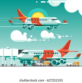 The plane flying between the clouds on a background of the sun. Airplane is being loaded with cargo in preparation for departure. 3d vector illustration.