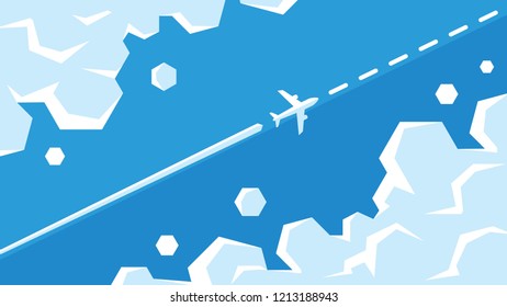 Plane flying between clouds vector illustraion. Airplane is flying in the sky on the route. White passenger airplane with clouds on a blue background.