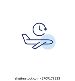Avión volando y reloj. Recordatorio de la hora de embarque, horario de vuelo. Icono de Vector de trazo perfecto y editable