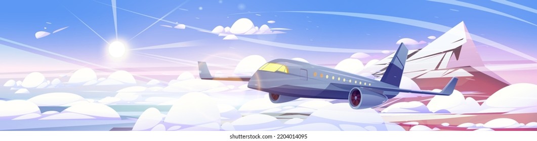 Plane Flying In Clouds Above Mountain Peak In Blue And Pink Sky. Air Transportation Service, Airplane Flight, Travel, Aviation, Charter Passenger Jet, Summer Vacation, Cartoon Vector Illustration