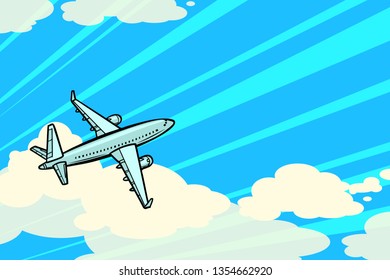 el avión está volando en las nubes. aviación de transporte aéreo. Dibujo vectorial vintage de ilustración pop de historieta