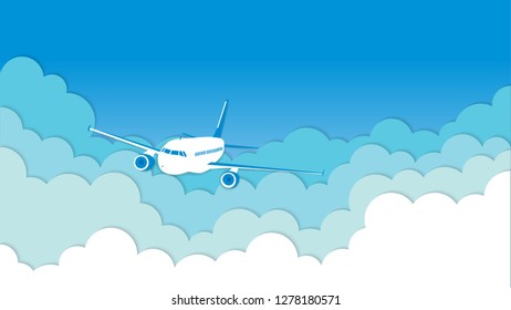 plane flying in the clouds and blue sky background. design paper cut style vector