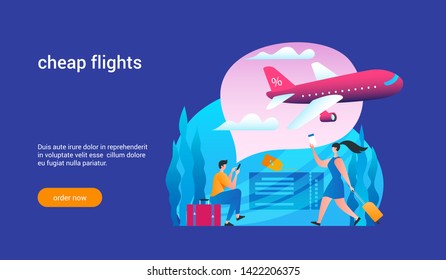 Plane is flying in the clouds. Low cost flights. Cheap flights concept. Modern vector illustration