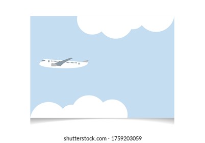 Plane flying in cloudy sky copy space behind it