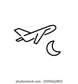 Plane flying and crescent moon. Overnight flight. Pixel perfect vector icon