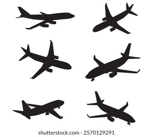 Plane flying  different angles aircraft silhouette illustration 