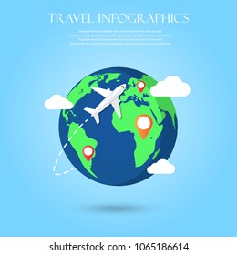 Plane flying. Earth and Pin. Vector illustration. Flat design