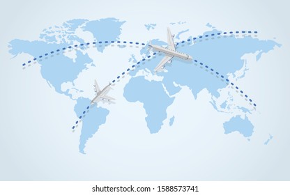 The plane is flying. The plane flew over the map. View from above. Travel and tourism background. Travel concept vector trip illustration.