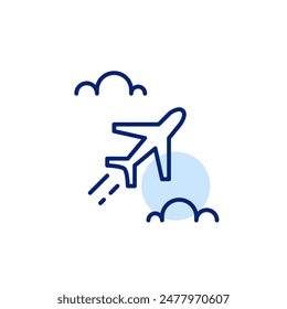 Plane flying in fluffy clouds. Travel, adventure, tourism agency and vacation planning. Pixel perfect, editable stroke