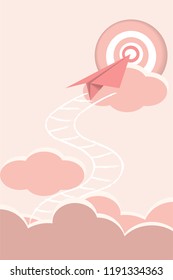 plane flying go to target on cloudy, successful  for business  concept, vector art and illustration, pink color background.
