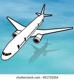plane flying high above earth and sky and sea vector style