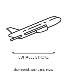 Plane flying up linear icon. Airplane takeoff. Jet gaining up height. Air terminal. Aviation service. Thin line illustration. Contour symbol. Vector isolated outline drawing. Editable stroke