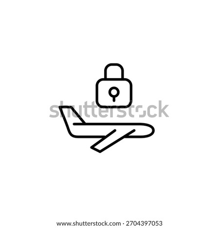 Plane flying and lock. Aviation safety, secure travel management. Pixel perfect, editable stroke vector icon