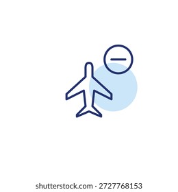 Avión volando y menos. Vuelo cancelado, Vacantes no disponibles. Icono de Vector de trazo perfecto y editable