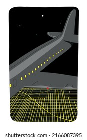 Plane flying at night over a big illuminated city. City lights. Aerial view. Cartoon style vector illustration.