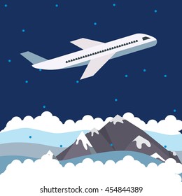 Plane flying at night over snow covered mountains, vector creative concept flat illustration, for posters and covers. 