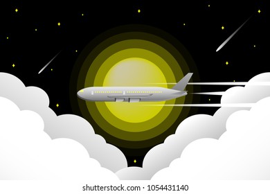 The plane is flying in the night sky through the moon,stars and clouds,Background,Vector,Illustration.