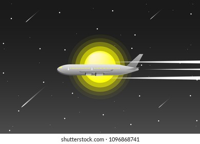 The plane is flying in the night sky through the moon and stars  ,Background ,Vector, Illustration.