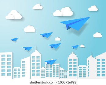 plane flying on blue sky with cloud and building. illustration of business and leadership concept. nature landscape with paper art style.