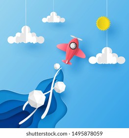 Plane flying on the blue sky over the origami clouds and sun with smoke and wave in vector paper art concept.