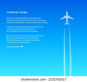 Plane is flying up on the blue sky vector illustration, jet goes upwards leaving white trace