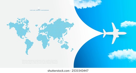 Flugzeug fliegt am blauen Himmel in Wolken Reisekonzept, Flugzeug auf Hintergrund. Vorlage Passagierreise Flugzeug Banner, Placat, Jet Verkehrsflugzeug. Flugzeug fliegende Vektorgrafik Poster Design.