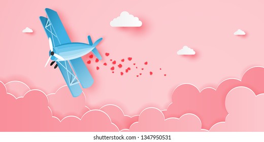 Plane flying on the clouds with scatter heart paper shape,Valentine concept.Paper art style.