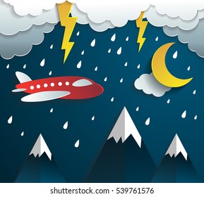 plane flying on sky with cloud and  and raining.paper art style