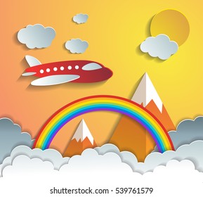 plane flying on sky with cloud and mountain.paper art style