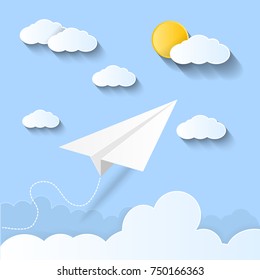 avión volando en el cielo, estilo de arte de papel vectorial