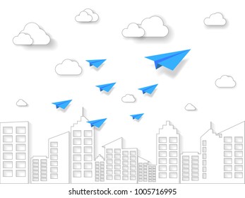 plane flying on white sky with cloud and building. illustration of business and leadership concept. nature landscape with paper art style.