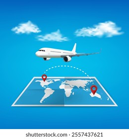 Plane flying from one location to another over a world map, on blue background, vector illustration