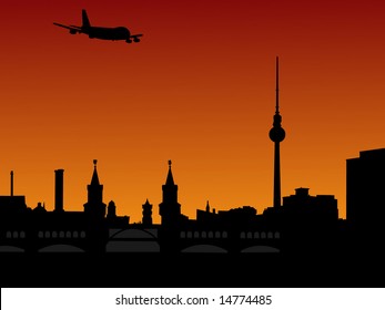 plane flying over Berlin skyline with tv tower at sunset illustration