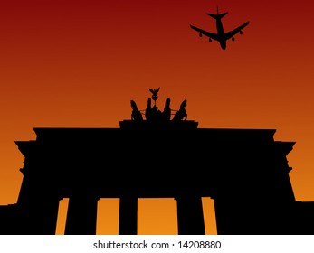 plane flying over Brandenburg gate Berlin Germany