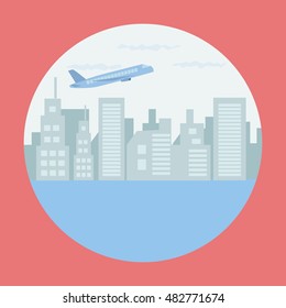 Plane flying over city and ocean in red circle frame