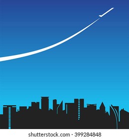 Plane flying over the city. Vector with gradient.