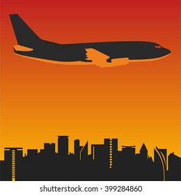 Plane flying over the city. Vector with gradient.