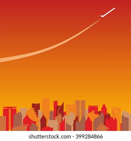 Plane flying over the city. Vector with gradient.