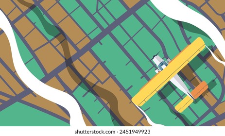 Plane flying over the ground in the clouds. Top view of airplane flying above city map. Traveling on airplane View from above. Vector illustration of plane flying over an urban landscape.