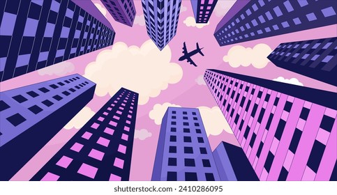 Plane flying over high rise buildings lofi wallpaper. Airplane skyscrapers below view 2D cartoon flat illustration. Aircraft megalopolis. Dreamy chill vector art, lo fi aesthetic colorful background