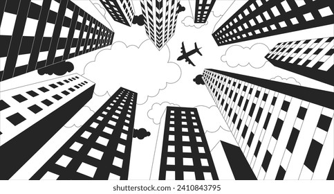 Plane flying over high rise buildings black and white lofi wallpaper. Airplane skyscrapers below view 2D outline cartoon flat illustration. Aircraft megalopolis. Dreamy vector line lo fi background